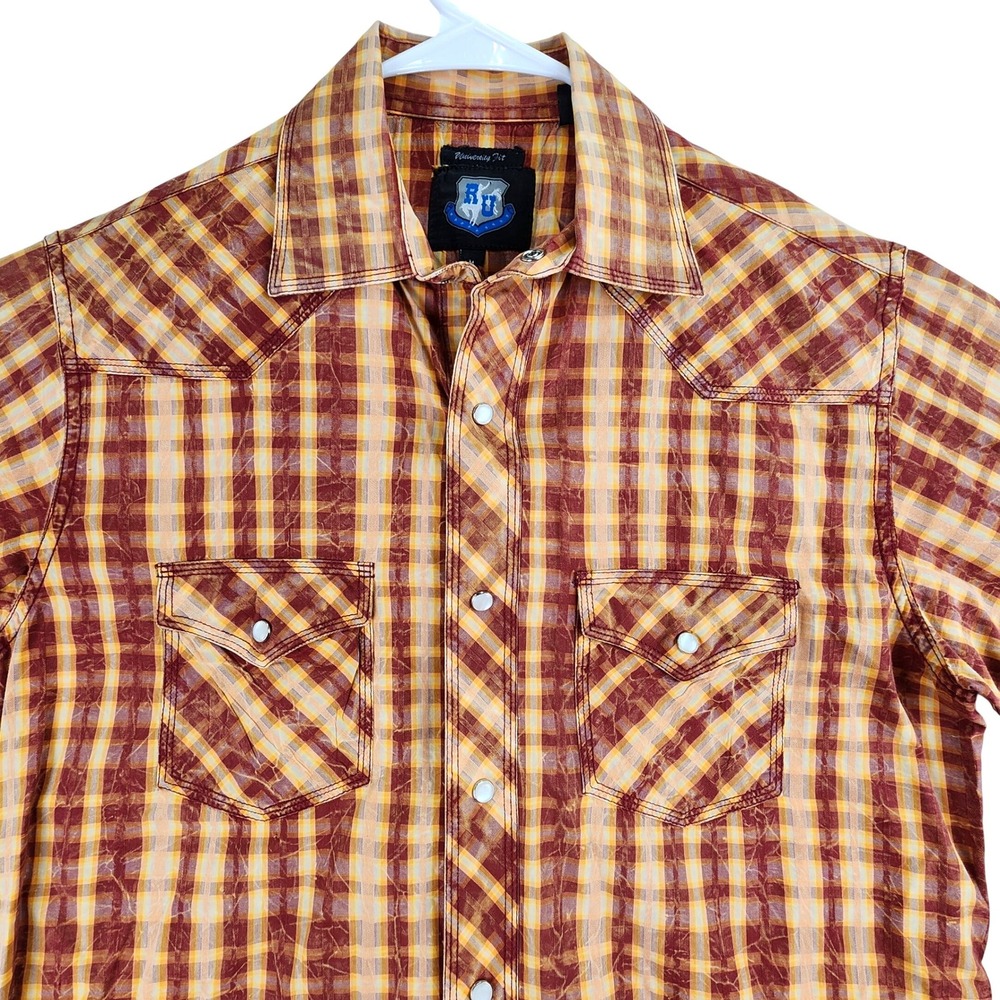 RU Rock & Roll Denim Western Shirt Mens M Burgundy Plaid Pearl Snap Cowboy Style